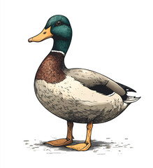 Obraz premium illustration of a duck standing, in a hand-drawn style, against a white background with black and gray tones