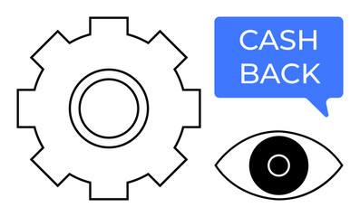 Gear, eye, and Cash Back text bubble. Ideal for business automation, financial incentives, customer loyalty, innovation, productivity strategic vision technology. Abstract line flat metaphor