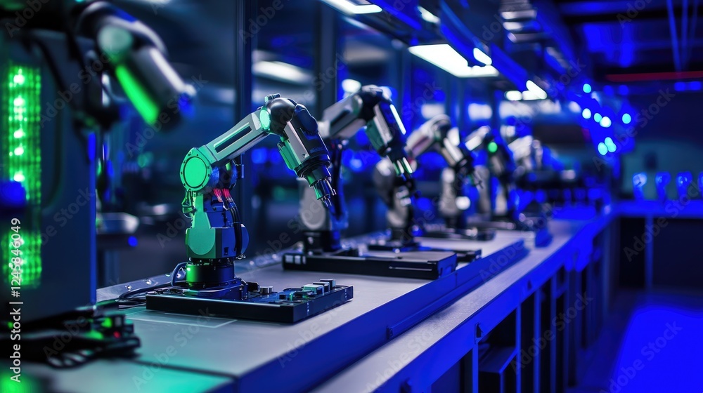 Aufkleber A high-tech robotic workstation featuring multiple robots under blue and green LED lights, emphasizing the technological advancements in modern automation.