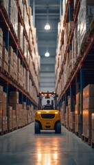 A forklift moving through a large warehouse lined with shelves full of inventory, representing logistics, supply chain, and industrial work. The image emphasizes organization, efficiency, and