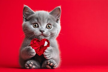 Somali - my beloved cat. Cute somali kitty with diamond red heart - sign of love, funny greeting card. Ad campaign conceptual art. Fluffy valentine's pet image. Cat with red ribbon.