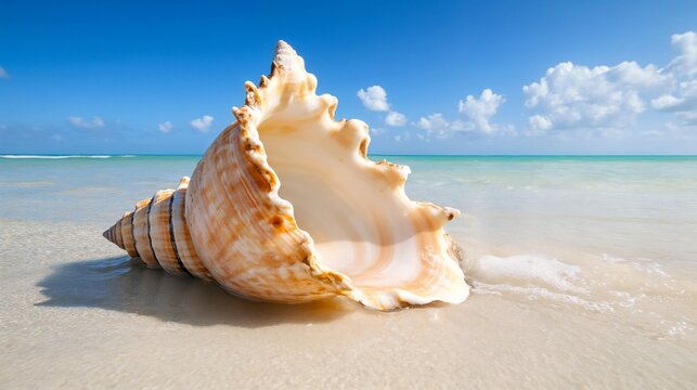 Large seashell on tropical beach with turquoise water. Ideal for travel destinations, beach vacations, and coastal lifestyle