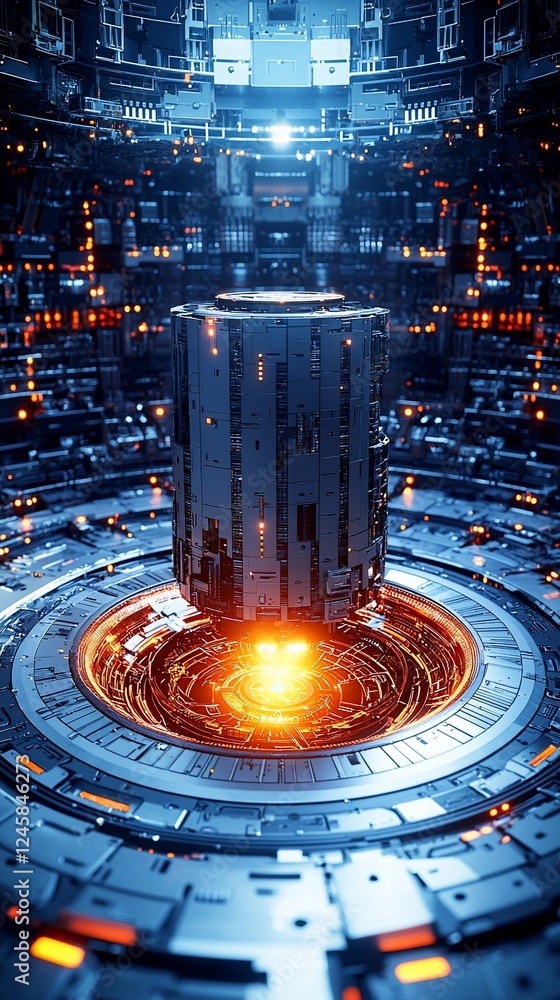 Poster futuristic energy core glows in a sci-fi lab; tech background, for game design