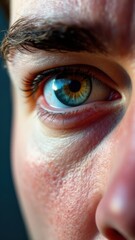 Close-up of male eyes with intricate details and vibrant colors, highlighting eye health and promoting a reliable medical center specializing in eye care. 