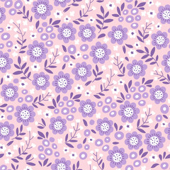 Vector seamless millefleur pattern. Small various stylized purple-pink flowers on a pink background