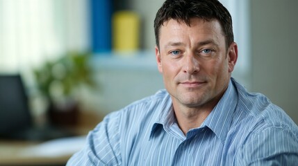 Professional man in blue shirt in office environment. Ideal for corporate portrait, business expertise, and workplace leadership