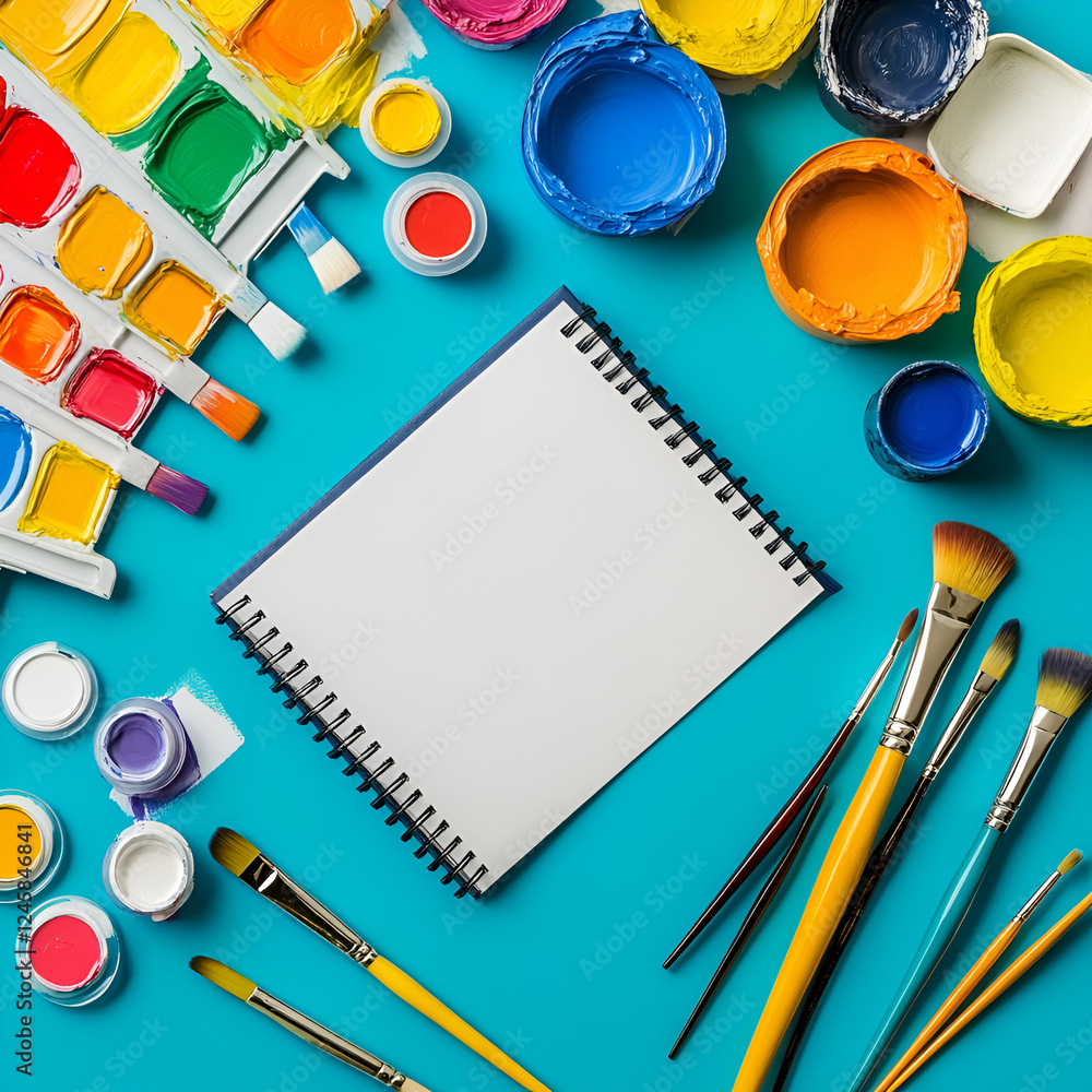 Poster artistic workspace: a top-down view of a creative workspace, featuring a blank notebook surrounded b