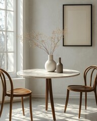 Minimalist Scandinavian Dining Room Interior with Round Marble Table and Wooden Chairs in Natural Light