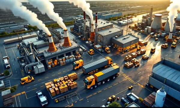 Large industrial logistics hub with trucks and factories during sunrise. Industry concept