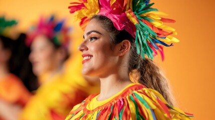 Woman in vibrant festival costume smiling. Ideal for cultural celebrations, performing arts, and traditional festivals