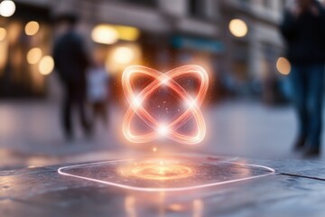 Naklejka premium A glowing atomic symbol hovers above a city street, blending elements of technology and urban life, while people walk by in the background.