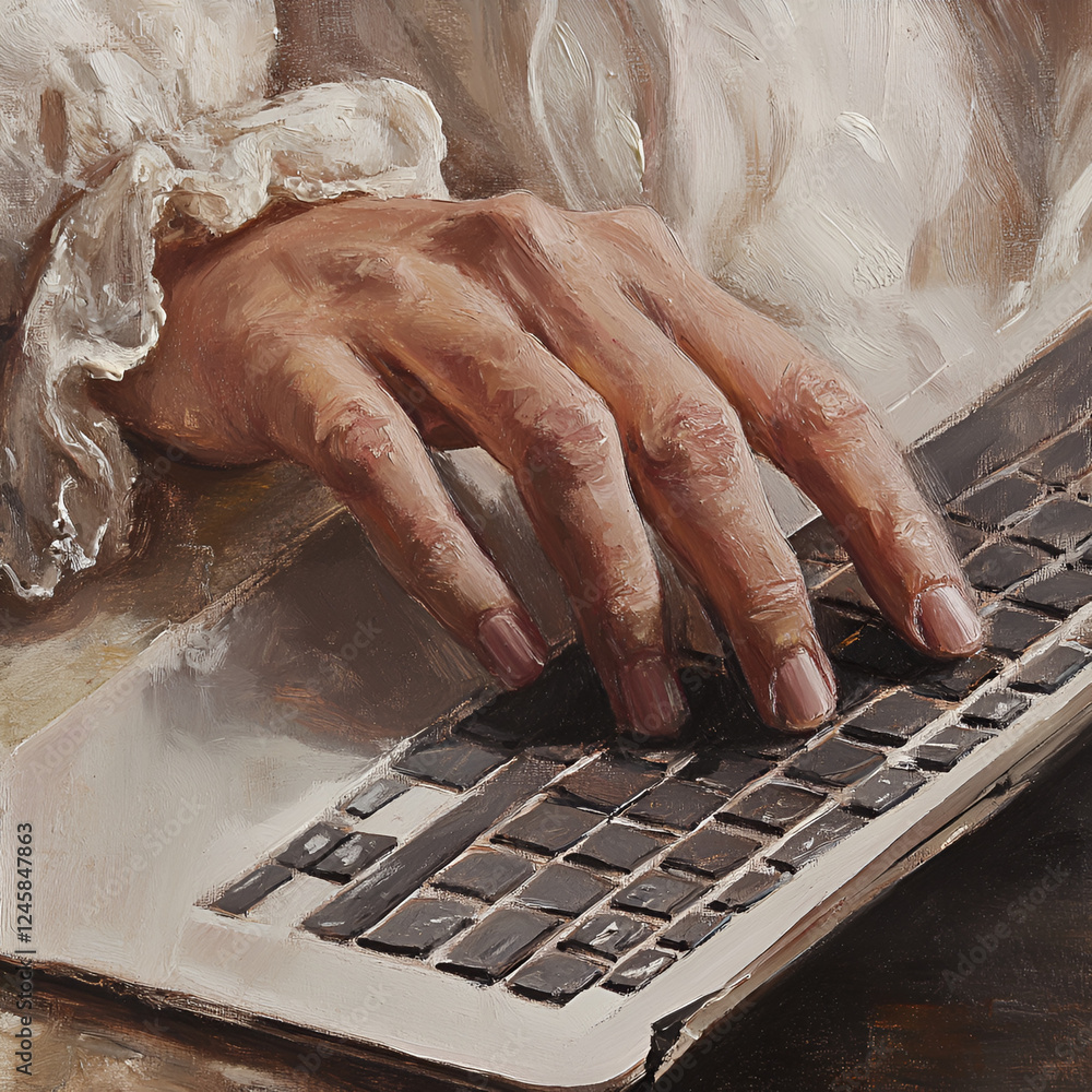 Poster digital touch: the image depicts a close-up of a hand gracefully resting on a sleek keyboard, an art