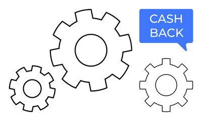 Three interlocking cogs suggest efficiency and interconnected processes. A blue speech bubble labeled Cash Back signifies financial rewards. Ideal for finance, operations, rewards, efficiency