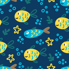 Cute kids seamless pattern colorful fish and sea life elements on a dark blue background vector illustration