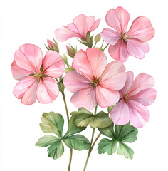 Obraz premium geranium flowers, on a white background, with a pink and green color palette.
