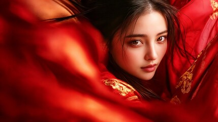Asian woman in red fabric with dramatic lighting. Ideal for fashion editorial, cultural art, and creative portraiture
