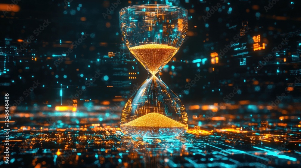 Poster a holographic hourglass with sand made of digital concepts slowly flowing down, symbolizing the pass