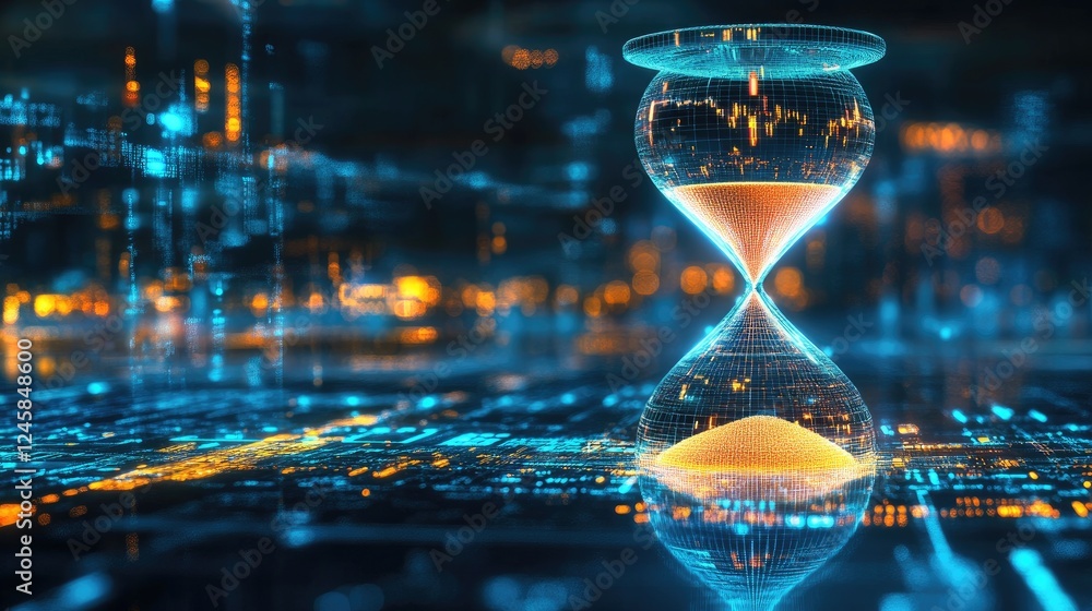 Poster a holographic hourglass with sand made of digital concepts slowly flowing down, symbolizing the pass