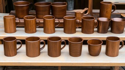 Wooden mugs crafted in ancient Russian style are arranged on a table along with other handmade items showcasing local artistry