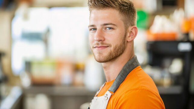 Young retail worker in orange uniform profile. Perfect for customer service, retail operations, and professional staff