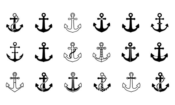 Anchor icons set. Black anchor vector anchors for marine, nautical designs. Classic and modern anchor outline designs and solid styles isolated on white