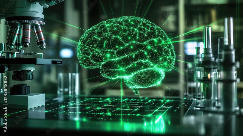 Poster A holographic human brain projecting data with green laser beams, sending information to microscopes in a laboratory, symbolizing neural network and AI research.