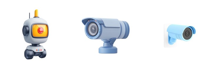 A colorful assortment of playful robots and cameras perfect for technology, security, or futuristic themes.