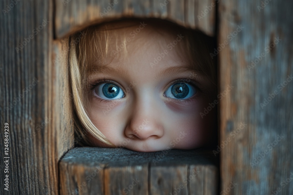 Poster Child peering through a wooden fence in a rustic setting with curious blue eyes and a youthful expression