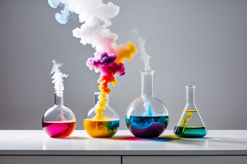 Smoking and burning bottles of chemical reagents in a chemical laboratory ,a white backgroud  laboratory setting where a beakers bubble    smoking on table 