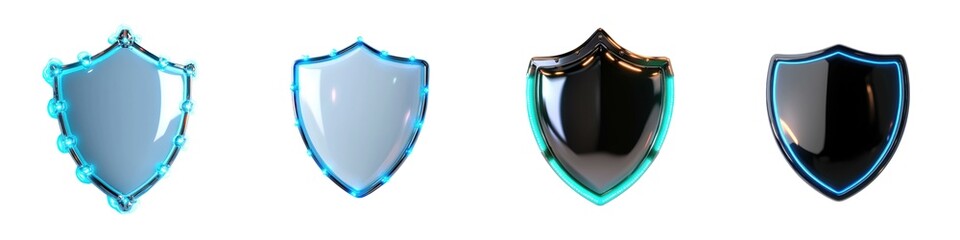 Set of four unique shield designs showcasing different styles and colors for protection and security concepts.