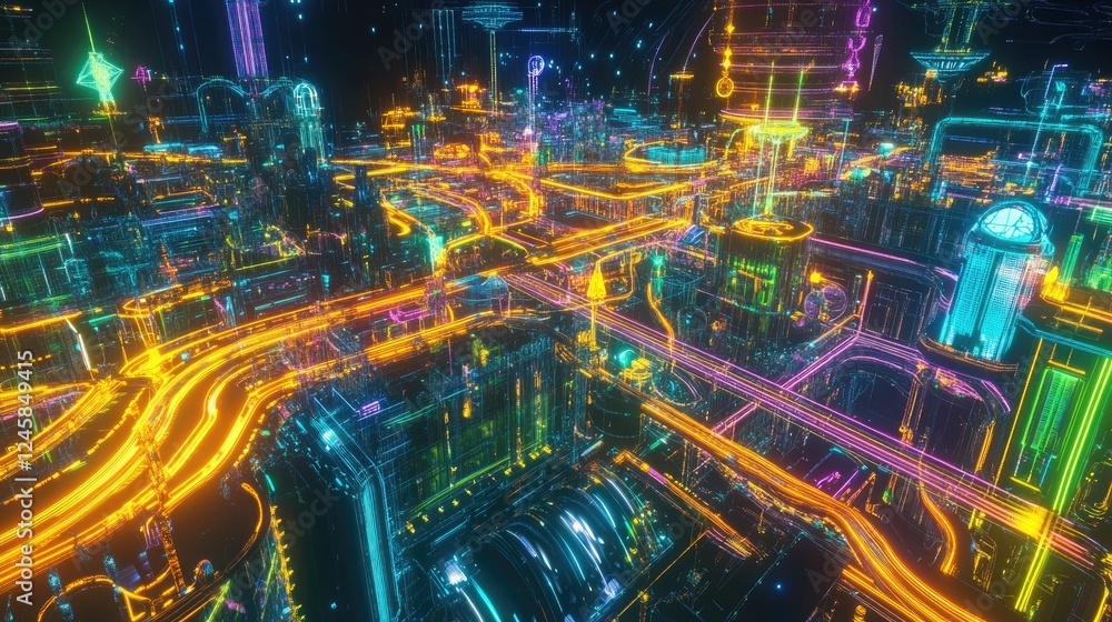 Poster a holographic map depicting the bustling metropolis with glowing lines, symbolizing the connection b