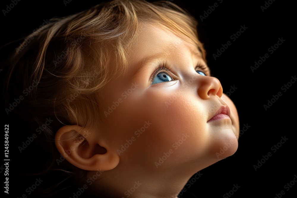 Poster bright blue-eyed child gazes upward with curiosity in a softly lit space capturing innocence and won