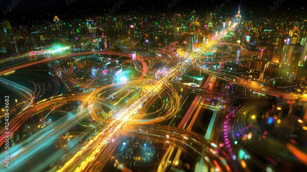 Poster a holographic map of a bustling metropolis with glowing trajectories illustrating the flow of ideas 