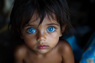 Child with striking blue eyes gazes curiously in a dimly lit environment during the afternoon