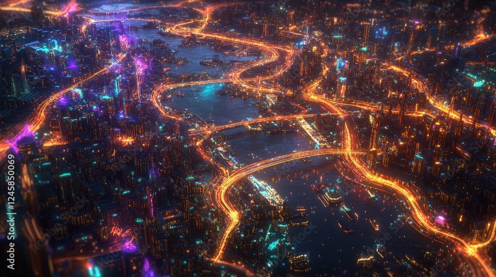 Poster A holographic map of a bustling metropolis with glowing trajectories illustrating the flow of ideas and commerce driven by educational advancements.
