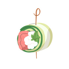 Canape on stick. Cold snack, buffet finger food, bite with salmon, cucumber slice and cream cheese on little skewer. Mini appetizer with fish. Flat vector illustration isolated on white background