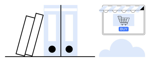 Office folders next to digital storefront displaying a shopping cart icon with a BUY button. Ideal for online shopping, e-commerce, business services, organization, digital transformation, technology