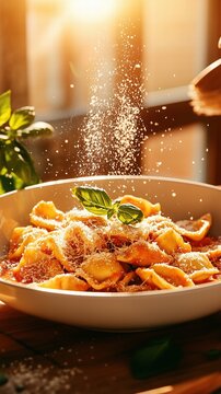 Chef sprinkling grated cheese over cappelletti with tomato sauce and basil