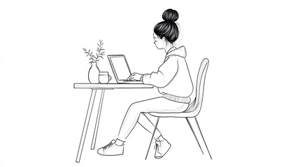 Young woman working on a laptop at a desk with a plant and a cup in a minimalist setting