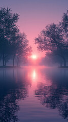 Obraz premium Serene lake at dawn with peaceful sunrise, surrounded by trees and calm reflections