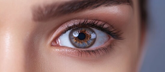 Naklejka premium Detailed close-up of a female eye showcasing a blue colored contact lens with natural skin tones and soft lighting for vision correction focus.