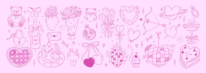 Set of line art whimsical illustrations for valentine's day. Outline coquette drawings of hearts, cake, flowers, bows and ribbons. Y2k trendy sketch illustrations for card, poster. Vector graphiс