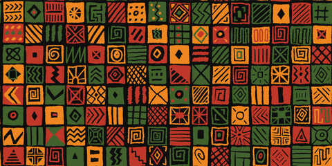 Africa inspired ethnic tribal block tile pattern with simple naive hand drawn ornaments, lines, symbols. Red yellow green black limited color palette