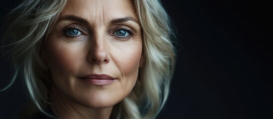 Fototapeta premium Close up portrait of a confident middle aged woman with long blonde hair and piercing blue eyes on a striking black background highlighting tranquility