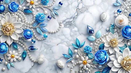 3D White Marble Wallpaper with Jewelry Flowers and Blue Diamonds