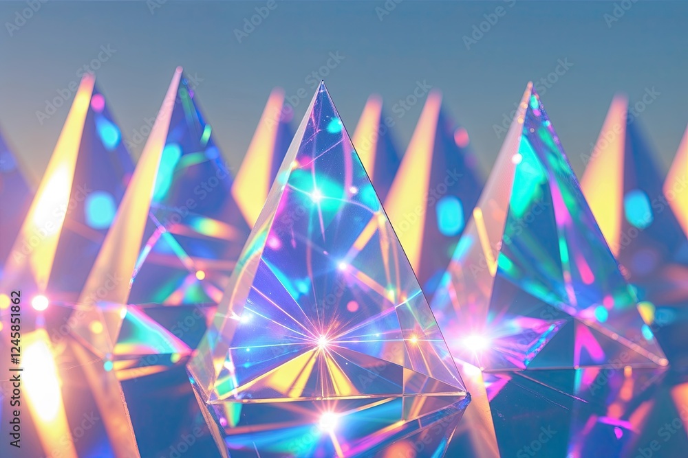 Poster triangular holographic prisms displaying stunning light effects on clear background