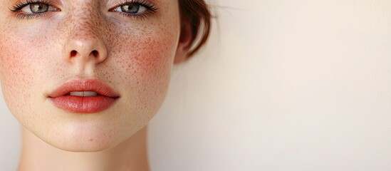 Natural beauty of a freckled woman close-up with light brown hair against a soft white background highlighting her unique features and fresh complexion