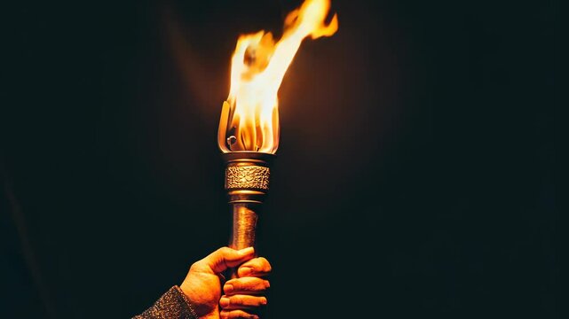 Fiery torch held high in a dark setting casts light and shadows