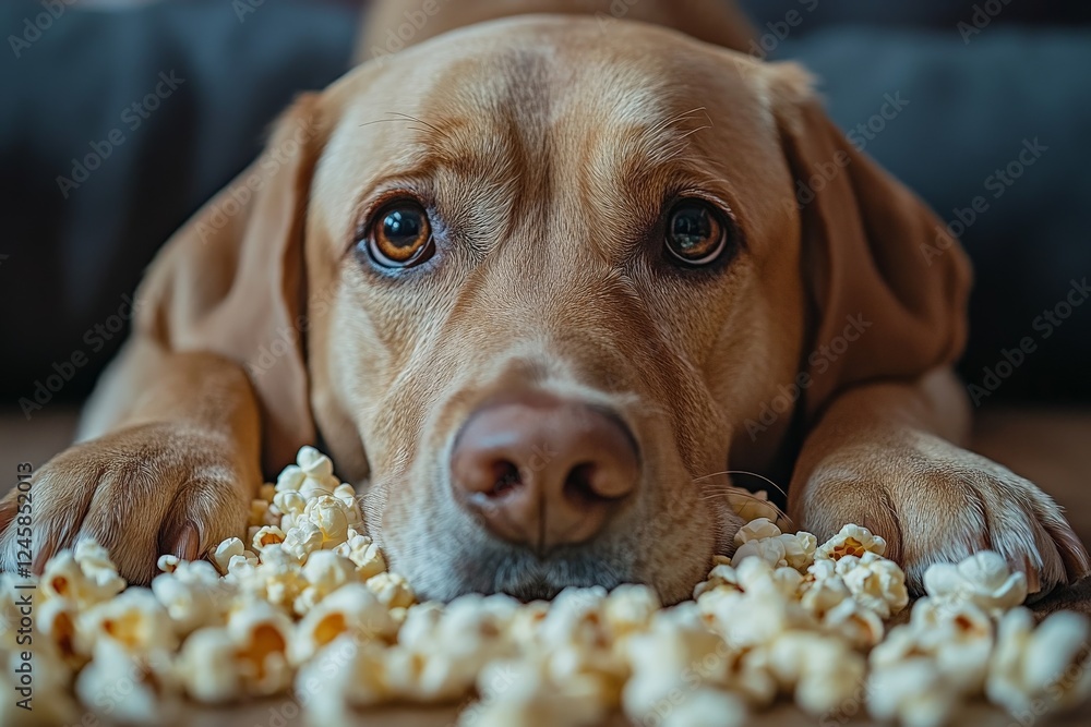 Wall mural dog enjoying popcorn on the floor while looking curiously at the viewer in a cozy indoor setting