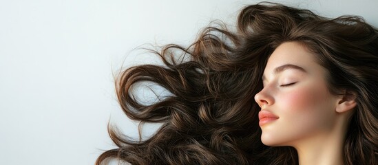 Serene woman sleeping on a white background with flowing brown hair elegantly cascading around her face showcasing tranquility and beauty.